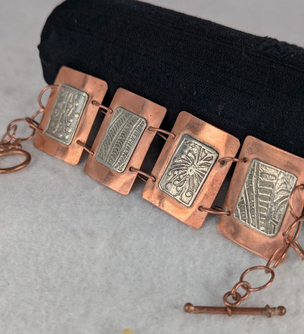 Copper links + Etched German silver(nickel) light oxydized 7.75" NWT signed OOAK